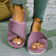 Cross opening spring and autumn home anti slip flat bottomed couple style fashionable and simple open toed hairy slippers