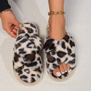 Cross opening spring and autumn home anti slip flat bottomed couple style fashionable and simple open toed hairy slippers