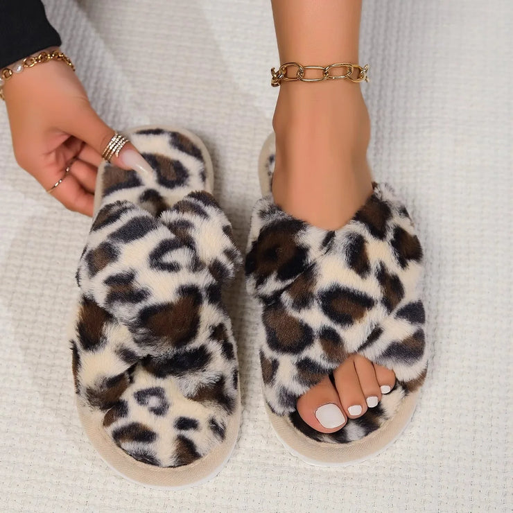 Cross opening spring and autumn home anti slip flat bottomed couple style fashionable and simple open toed hairy slippers